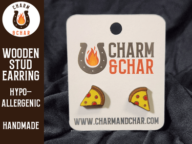 Pepperoni Pizza Wood Stud Earrings - Food Fashion Earring - Stud Earring - Charm and Char